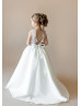Ivory Lace Satin Open V Back Flower Girl Dress With Sweep Train